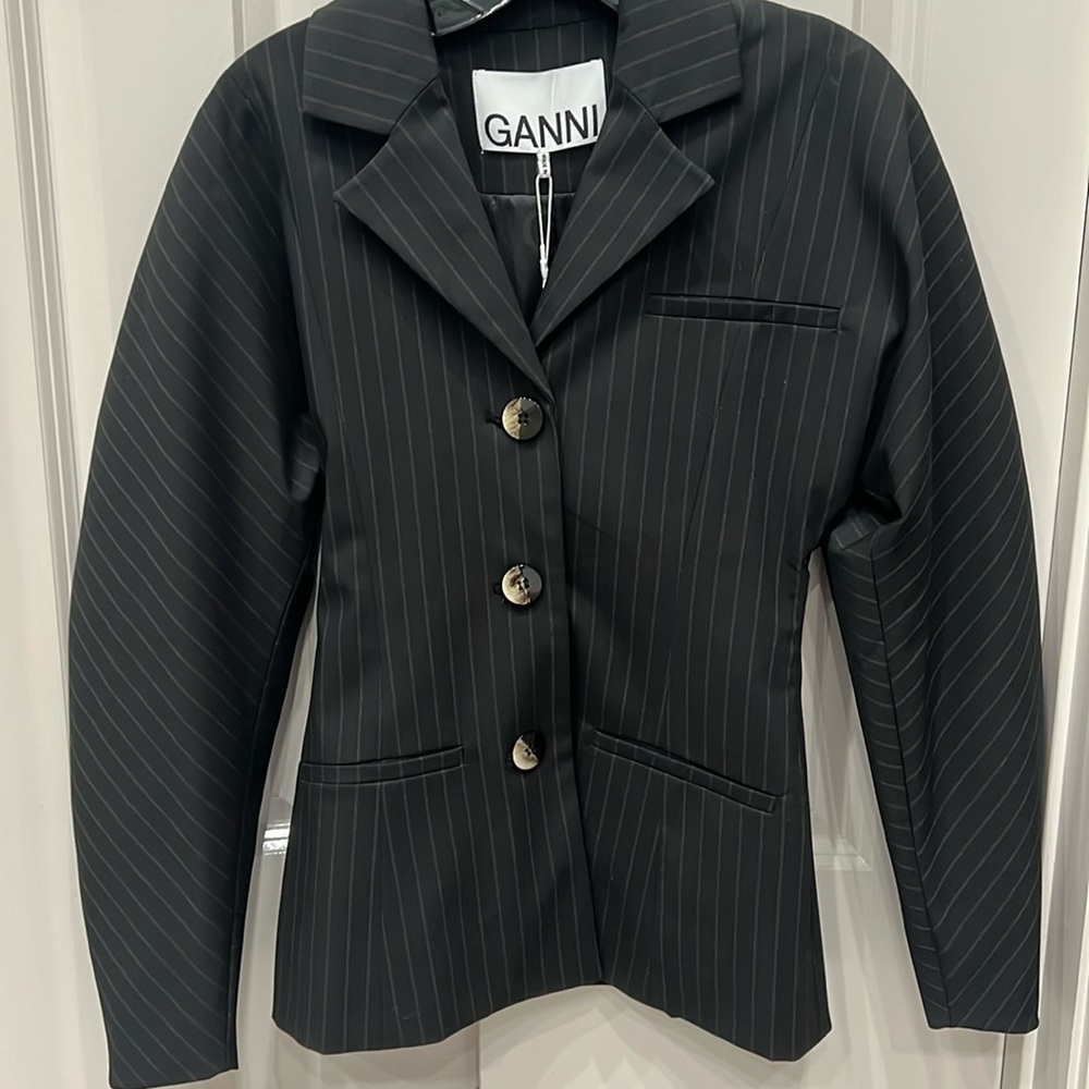 GANNI Black Pinstripe Tailored Blazer EU 34 (US 2) - Structured‎ Workwear Jacket
